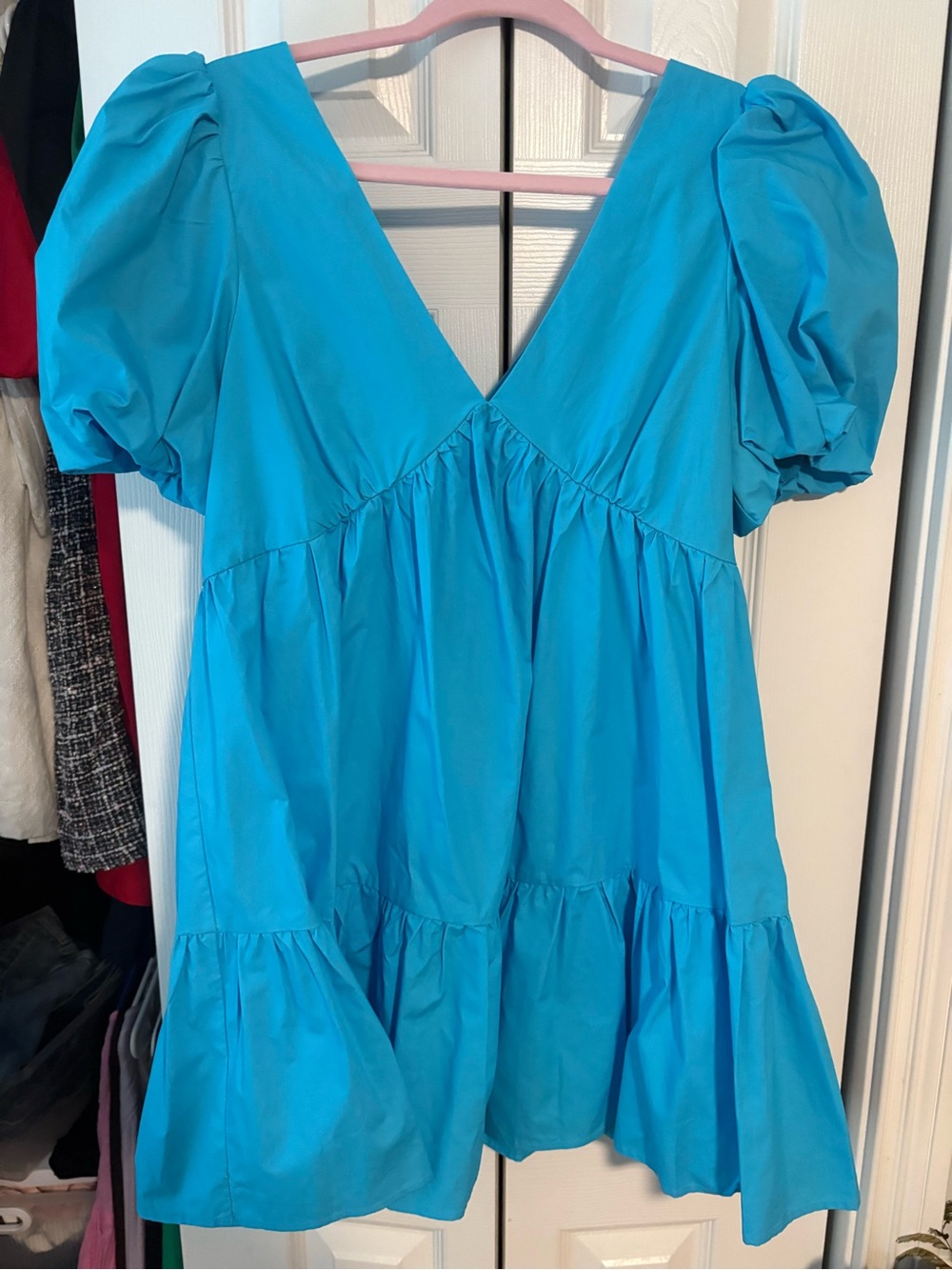 Kids Puff-Sleeve Tiered Dress in Bright Turquoise